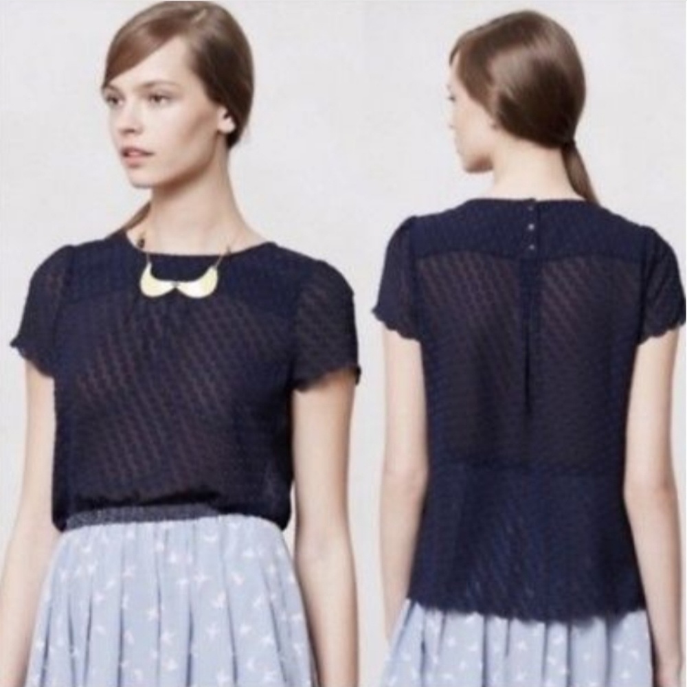 Anthropologie • Maeve Navy Swiss Dot Top